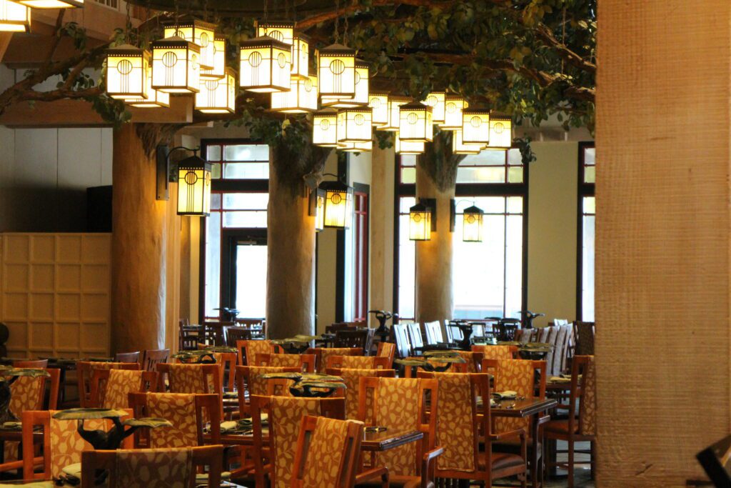 inside the Snow White character meal restaurant that is inspired by an enchanted forest