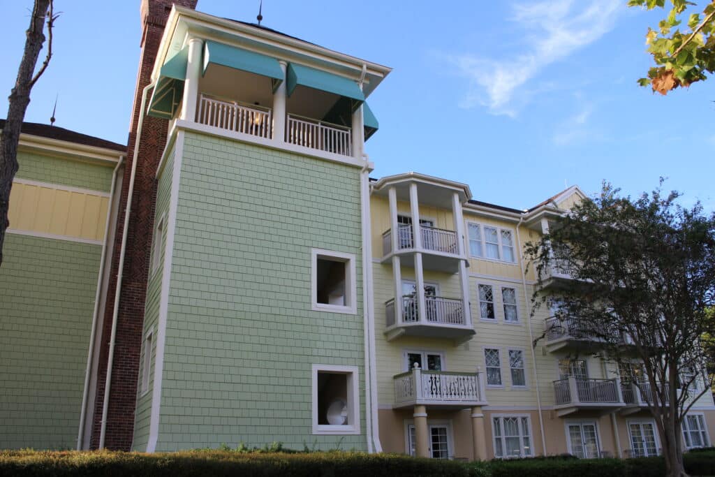 Pastel buildings at Saratoga Springs resort.