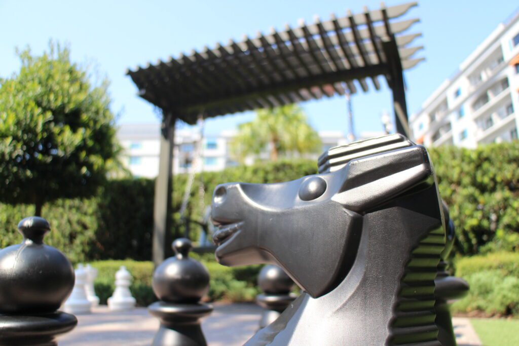 A black oversized horse chess piece