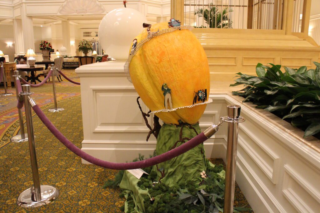 A James and the Giant Peach inspired Easter egg with the characters from the film circling the structure.