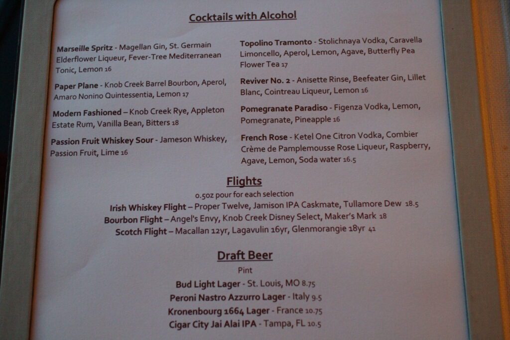 Topolino's Terrace cocktails and beer menu