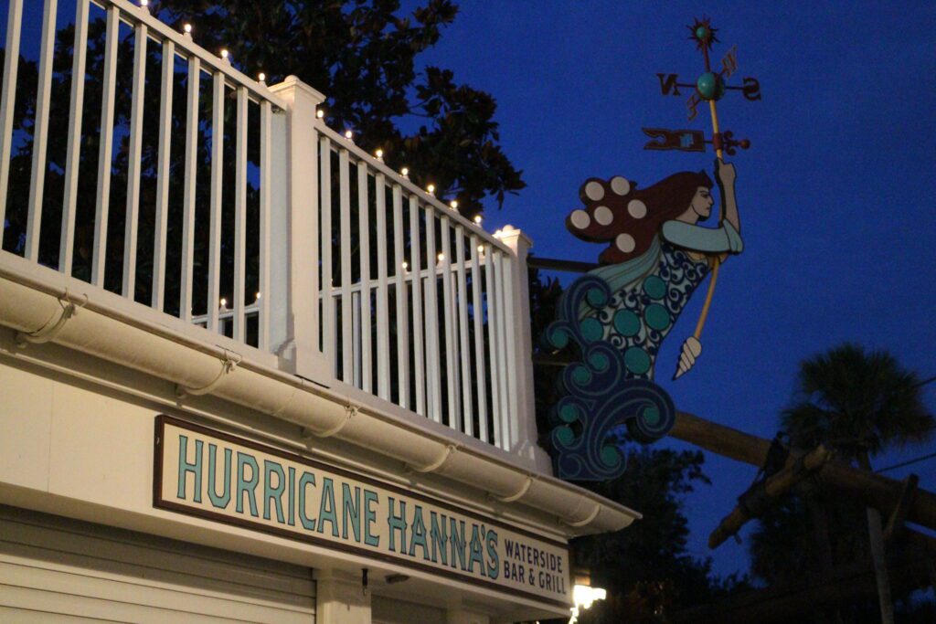 Hurricane Hanna's sign outdoors, in a nautical font. Disney Skyliner pub crawl.