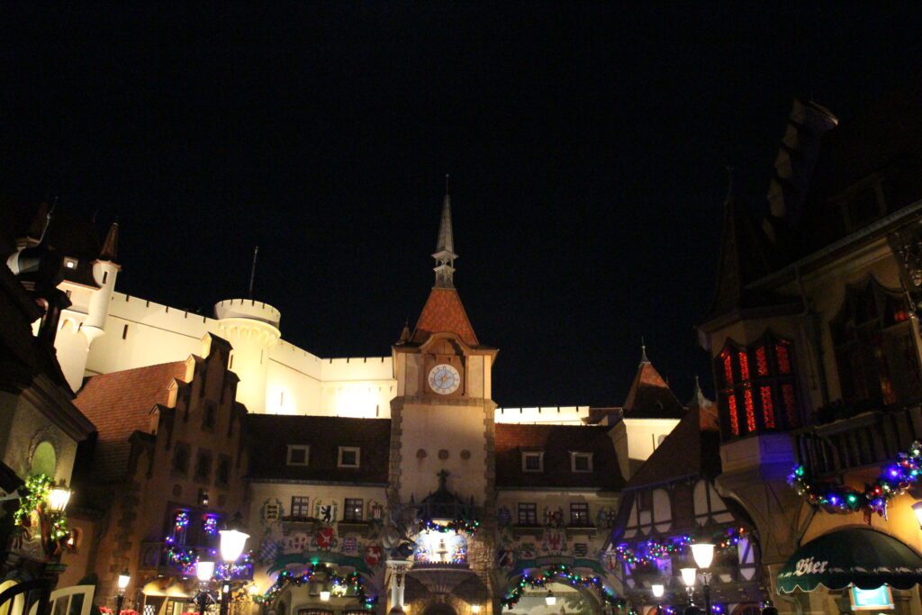 The Epcot Christmas festival decorations in the Germany pavilion.