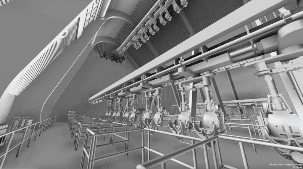 Monster Inc roller coaster concept at Hollywood Studios in black and white with two side by side hanging seats.