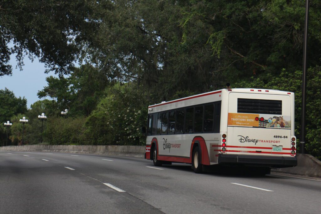 A bus on the road at Disney World.