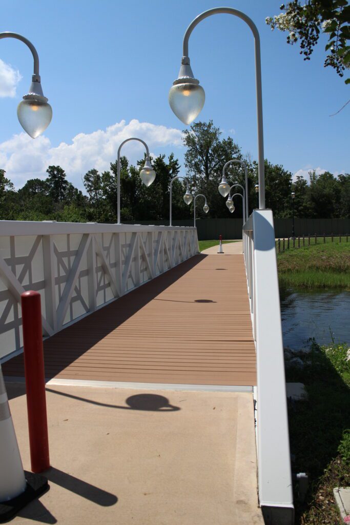 A bridge over water on the walking path from Grand Floridian to Magic Kingdom.
