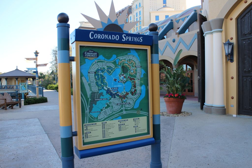 A map of Coronado Springs on a stand at the resort.