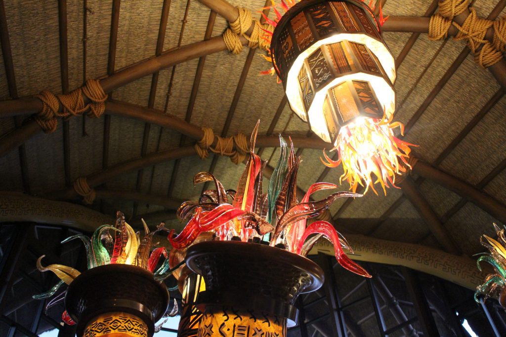 Kidani Village lobby ceiling with blown glass chandeliers.
