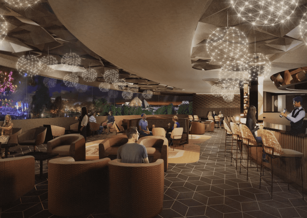 Spaceship Earth lounge concept art featuring a modern interior and a firework view.