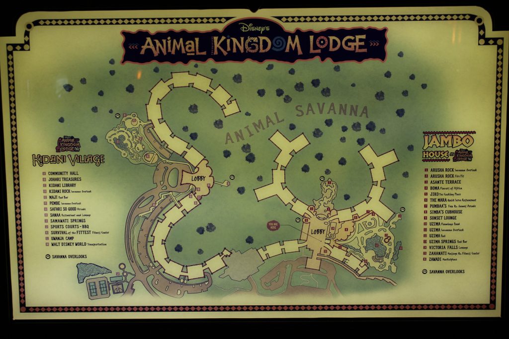 A lit Animal Kingdom Lodge map of both Jambo House and Kidani Village.