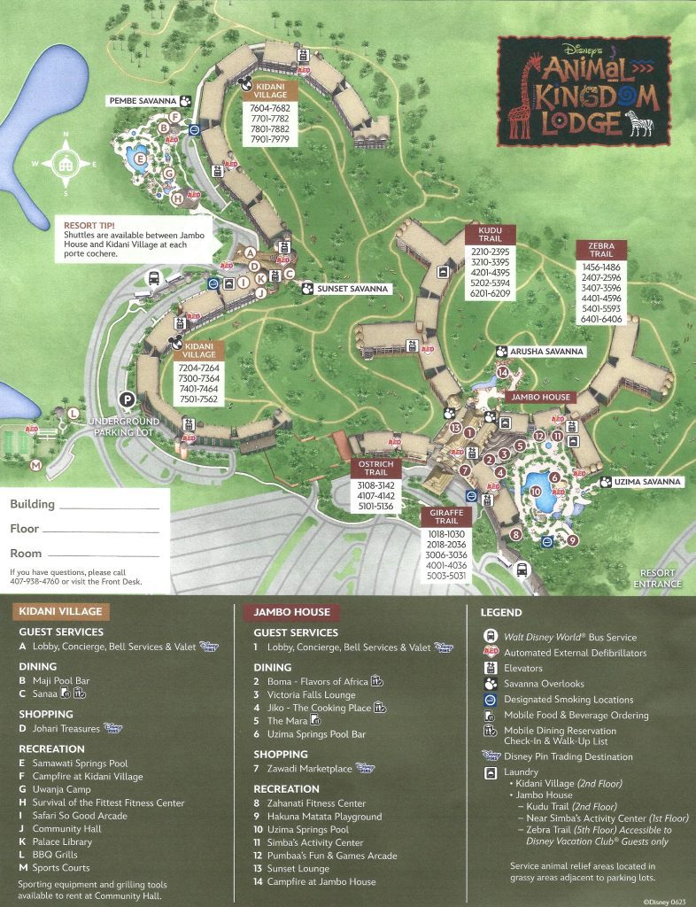 A map of Animal Kingdom resort showing the Kidani Village and Jambo House parts of the resort.