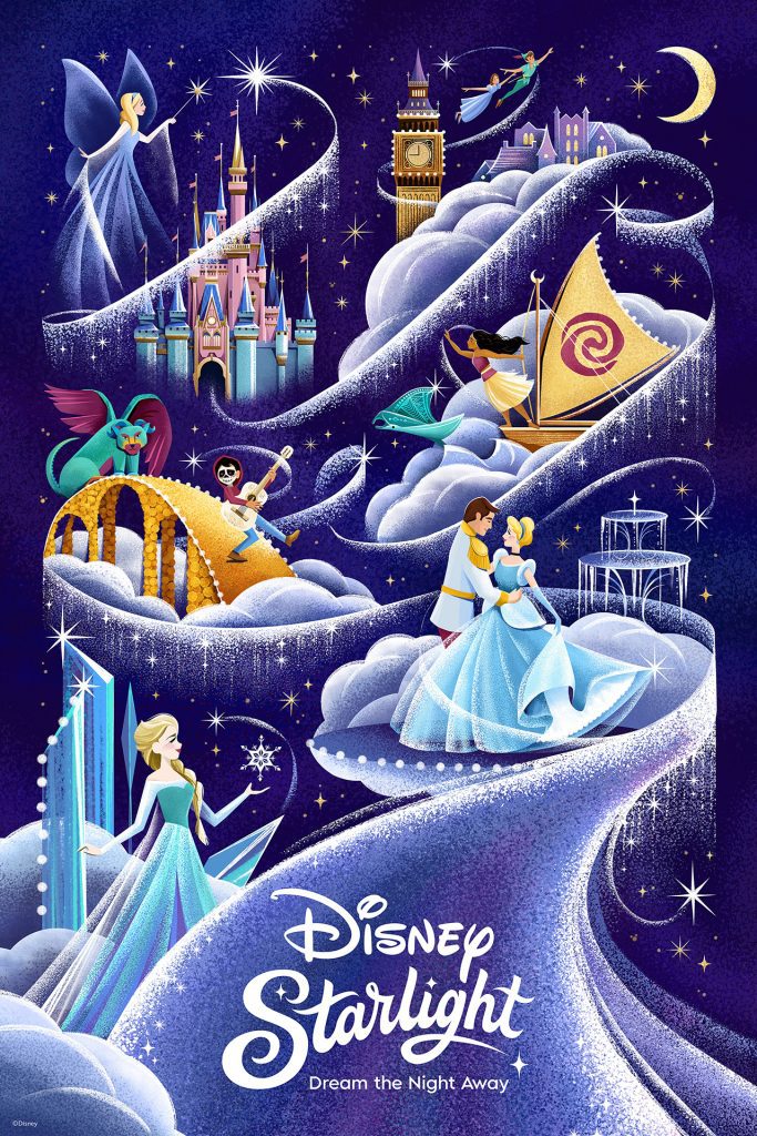 A pixie dusted Disney Starlight parade poster featuring Disney characters.