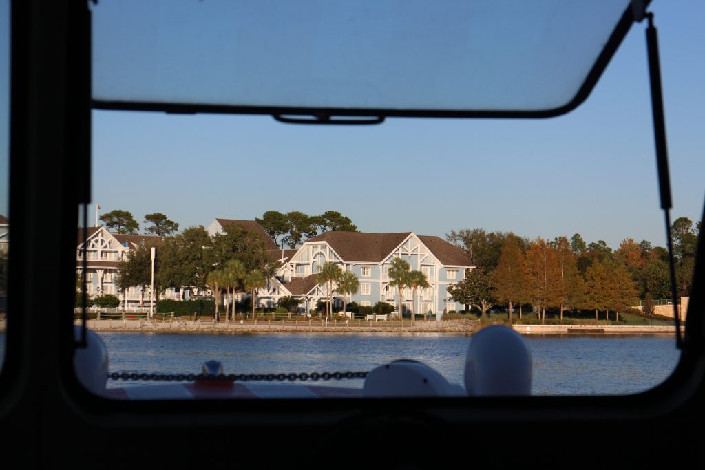 A view of Disney's Beach Club Resort from inside a Friendship Boat.