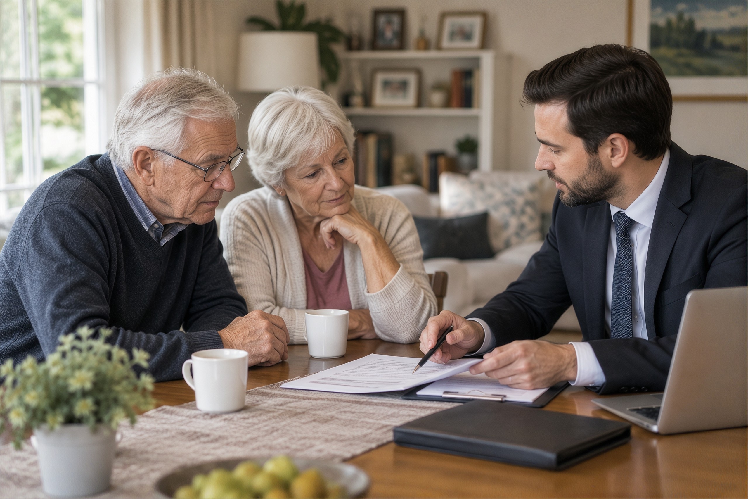 An older couple reviews estate documents with an attorney.