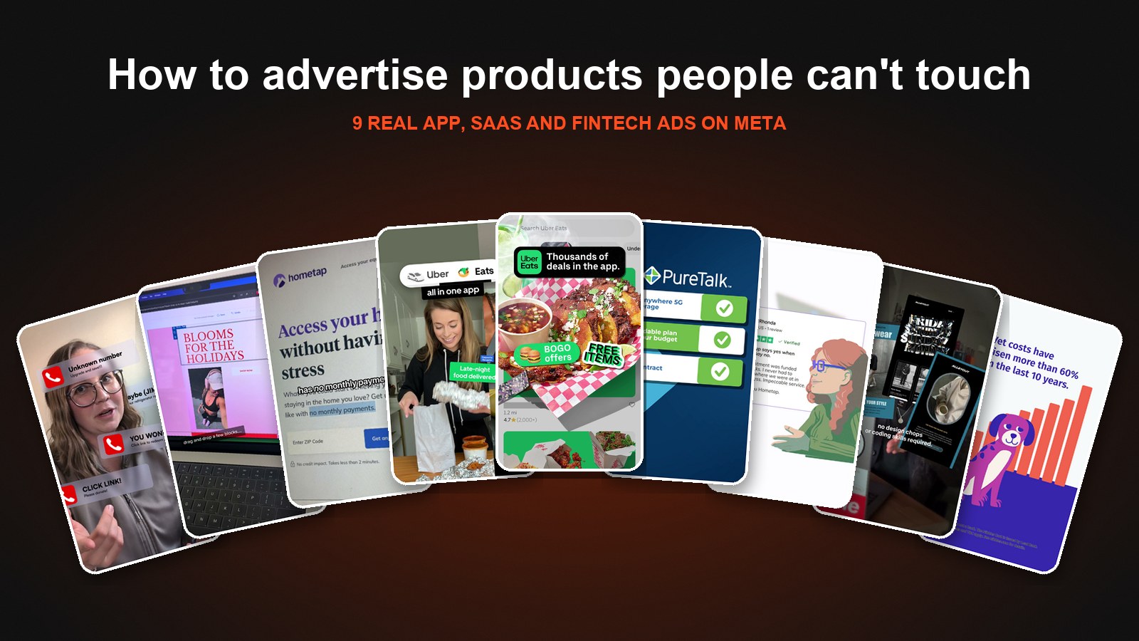 Stills from 9 real app, SaaS and fintech Meta ads made by Biddyco
