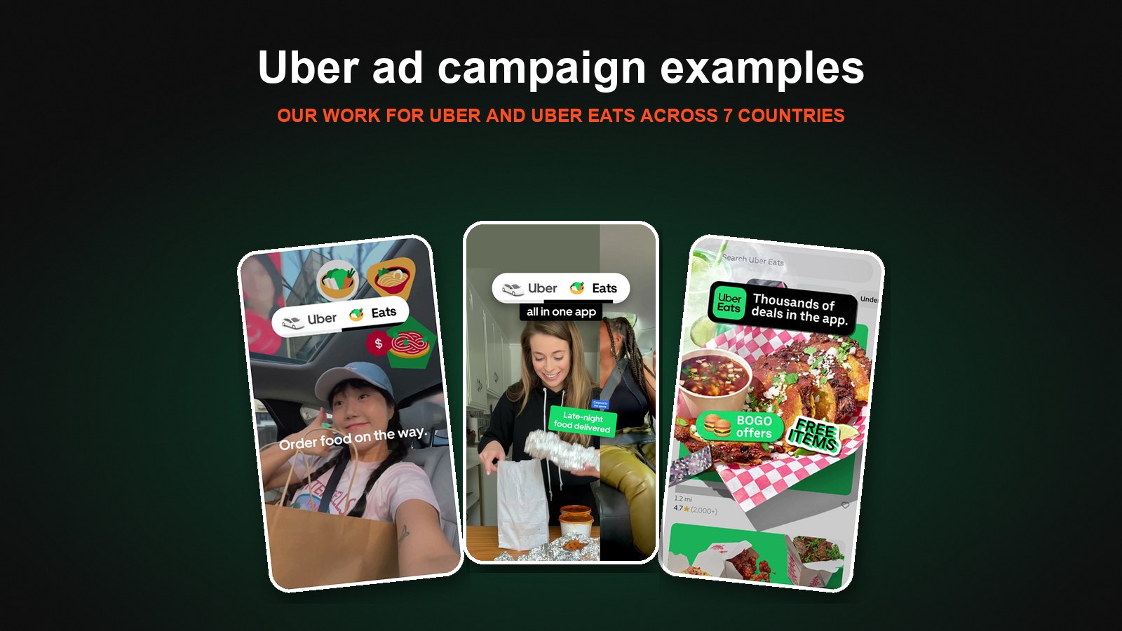Uber ad campaign examples: stills from Biddyco ads for Uber and Uber Eats