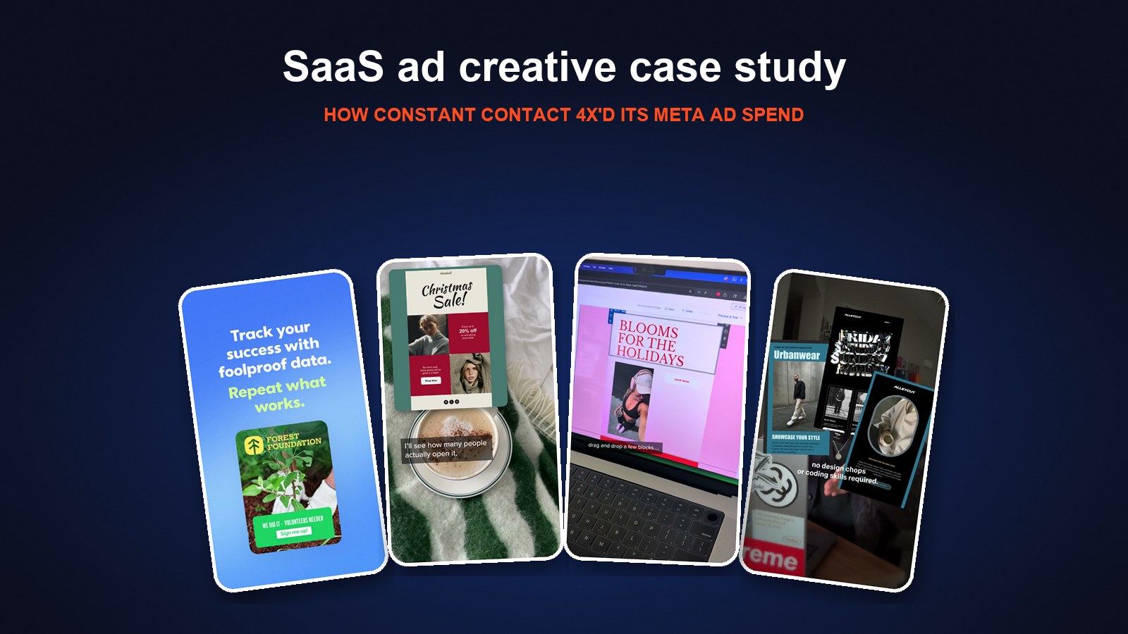 SaaS ad creative case study: stills from Biddyco ads for Constant Contact