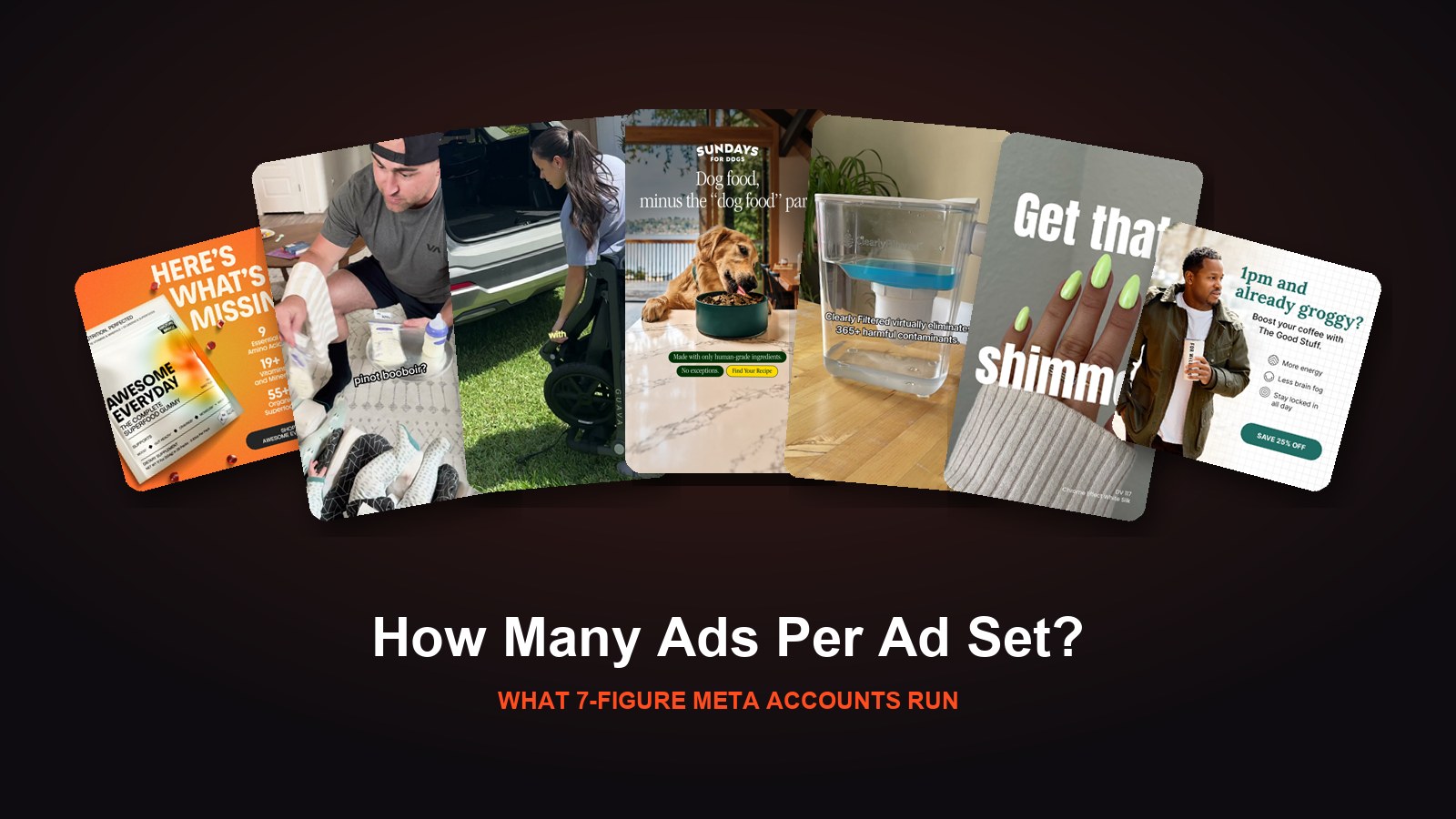 How many ads per ad set on Meta: a fan of Biddyco ads for Awesome Everyday, Lansinoh, Guava, Sundays for Dogs, Clearly Filtered, DND and For Wellness