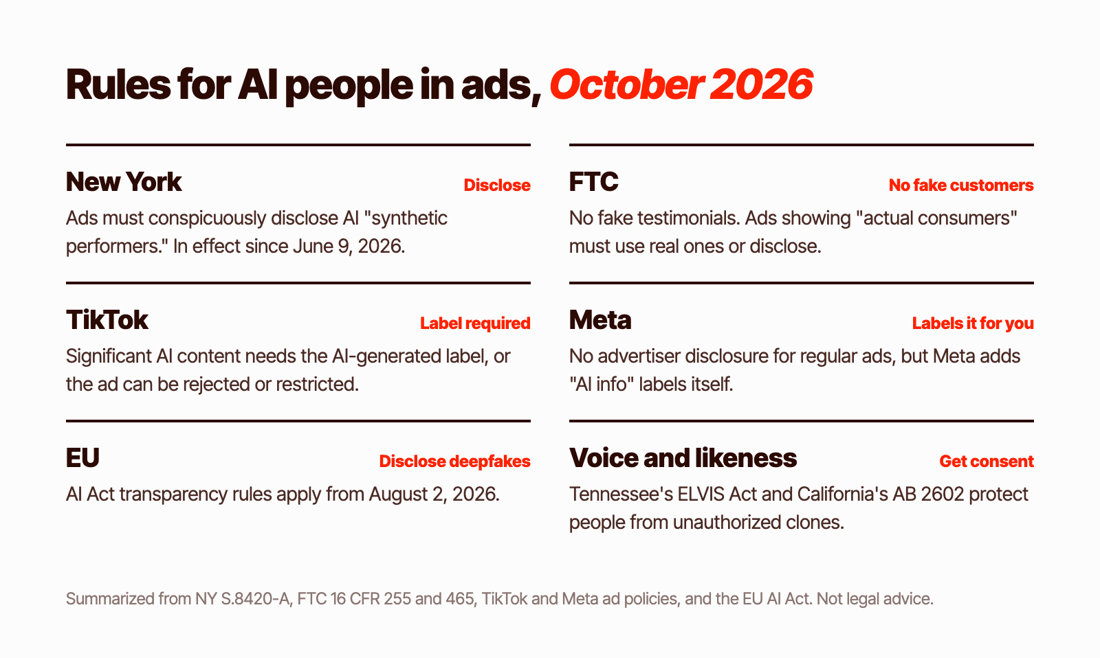 Rules for AI people in ads as of October 2026: New York requires ads to disclose synthetic performers, the FTC says ads with fake customers must use real consumers or disclose, TikTok requires an AI-generated label, Meta labels AI ads automatically, the EU requires deepfake disclosure from August 2026, and Tennessee and California protect voice and likeness from unauthorized cloning