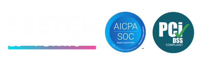 Sestek 25 Years logo with AICPA SOC and PCI DSS compliant badges