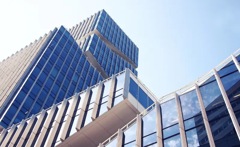 Modern glass office buildings viewed from below
