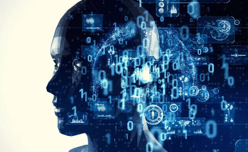 Digital human head surrounded by streaming data used as an AI and machine learning banner