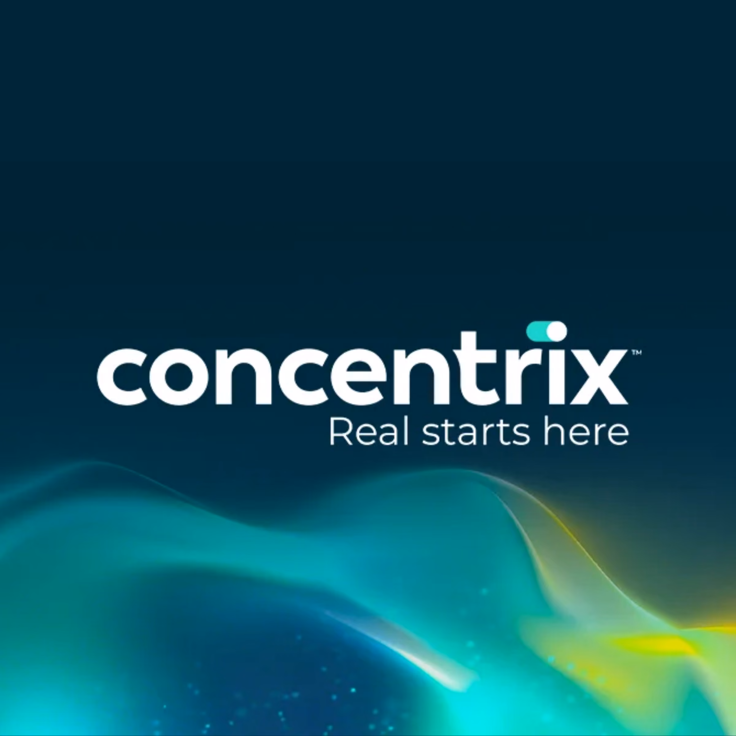 Concentrix logo with the tagline Real starts here on a dark teal background