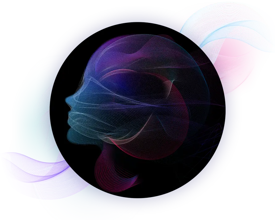 Abstract particle portrait of a face used as a research and development banner