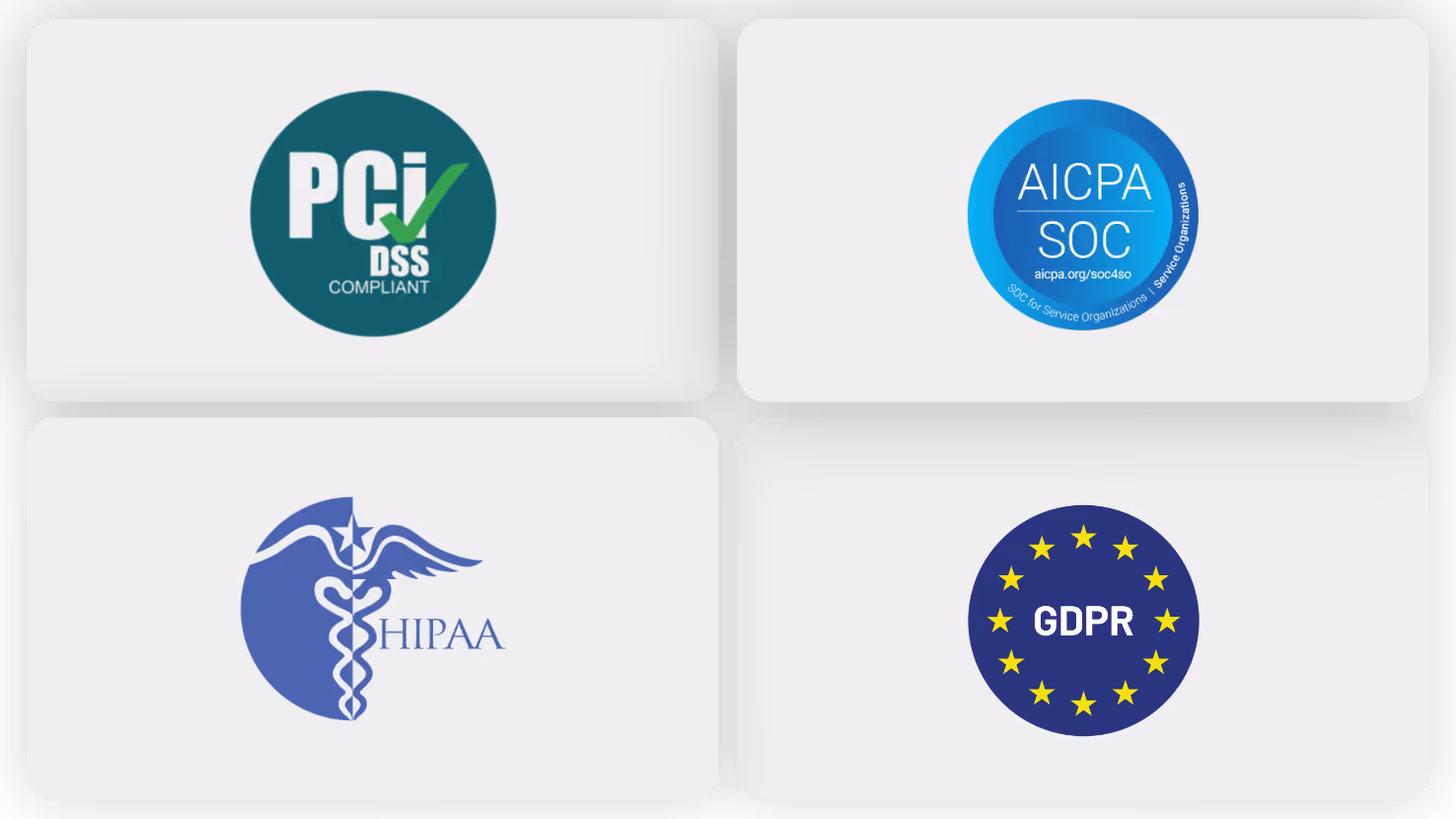Grid of PCI DSS, AICPA SOC, HIPAA and GDPR compliance badges