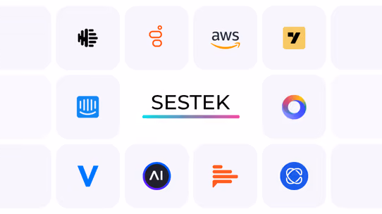 Wide grid of conversational AI vendor logos with the Sestek logo at the centre