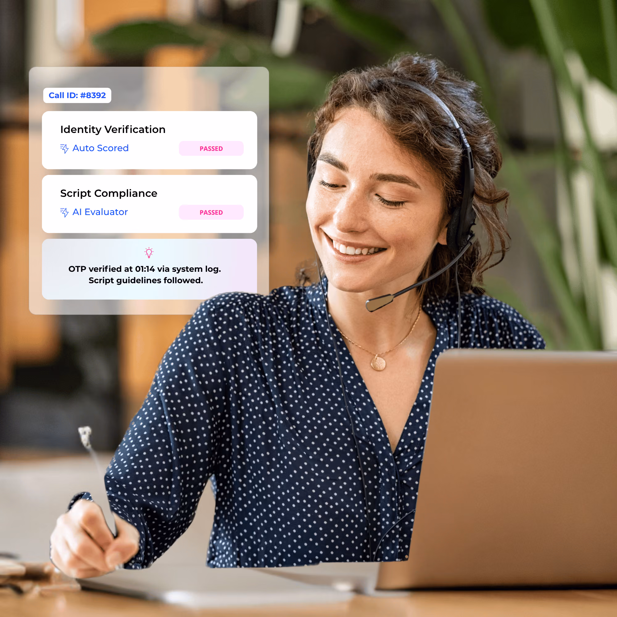 Contact center agent with an automated quality management panel scoring identity verification and script compliance