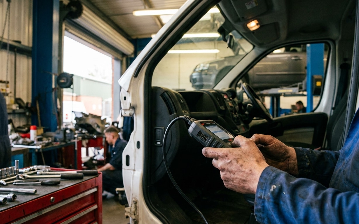 A mechanic using a diagnostic tool inside a vehicle at an auto repair shop with tools and cars in background.