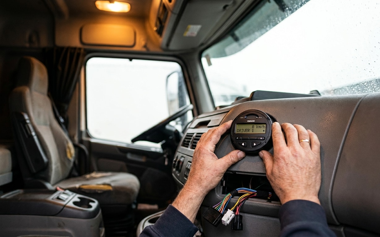 Hands installing a round digital device on a truck dashboard with exposed wires below.
