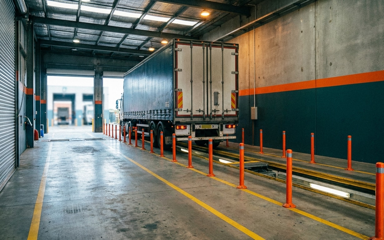 Large truck parked inside a warehouse bay with orange safety poles and yellow floor lines.