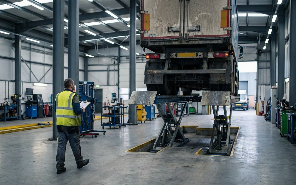 Mechanic wearing a yellow vest inspects a truck lifted on a platform inside a spacious garage.