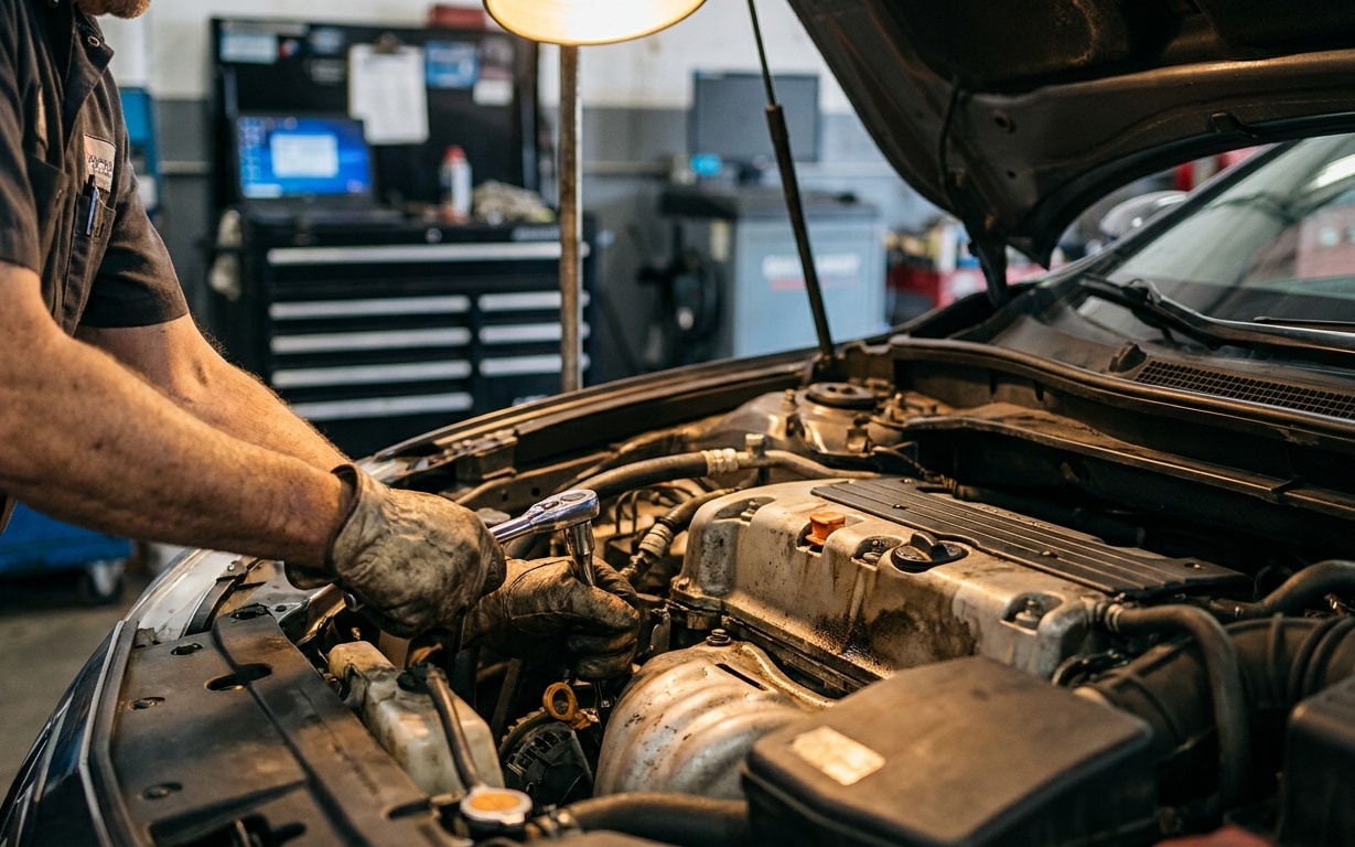 Mechanic with gloves using a wrench to fix a car engine in a garage under bright light.