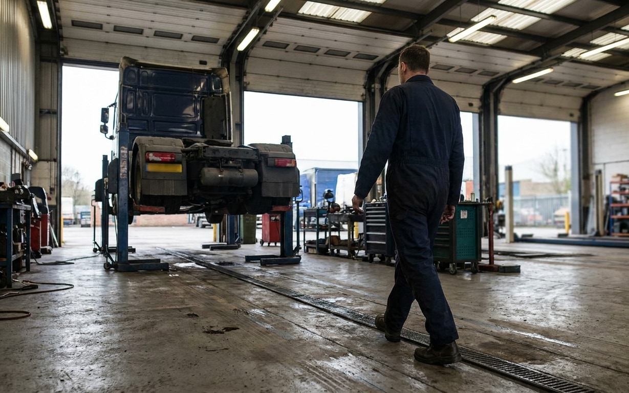 Mechanic walks towards a large truck lifted on a hydraulic lift inside a spacious garage.