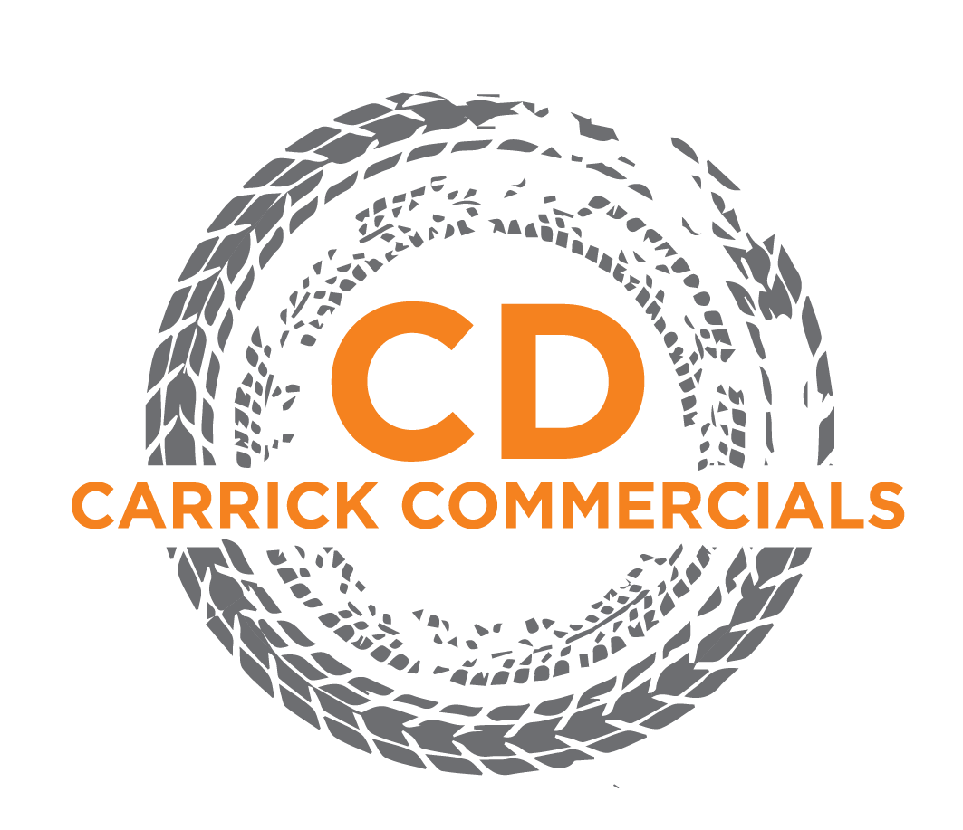 Logo with orange 'CD' and 'Carrick Commercials' text encircled by gray tire tread marks.