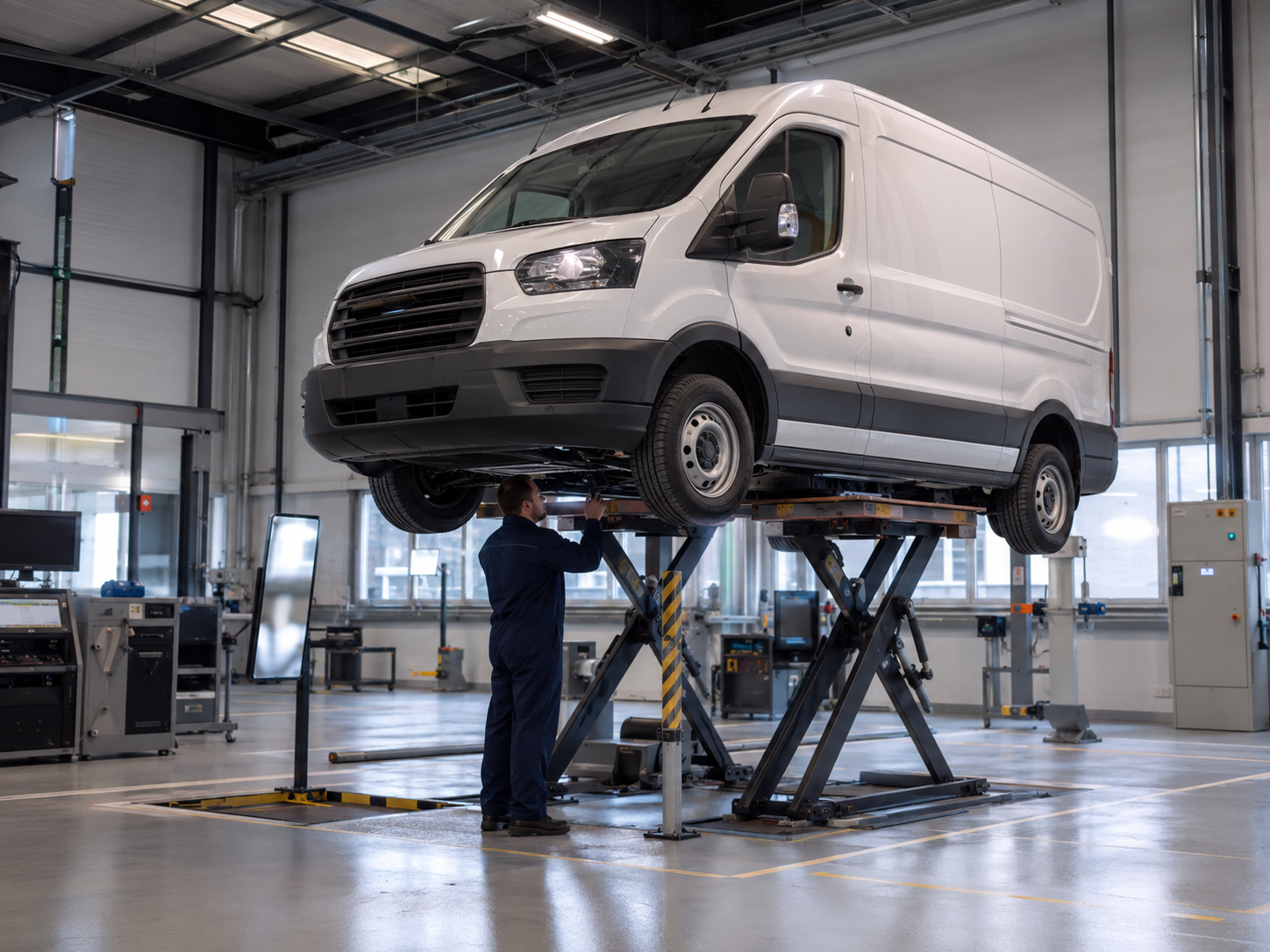 Mechanic in blue coveralls inspecting the underside of a white van elevated on a hydraulic lift.