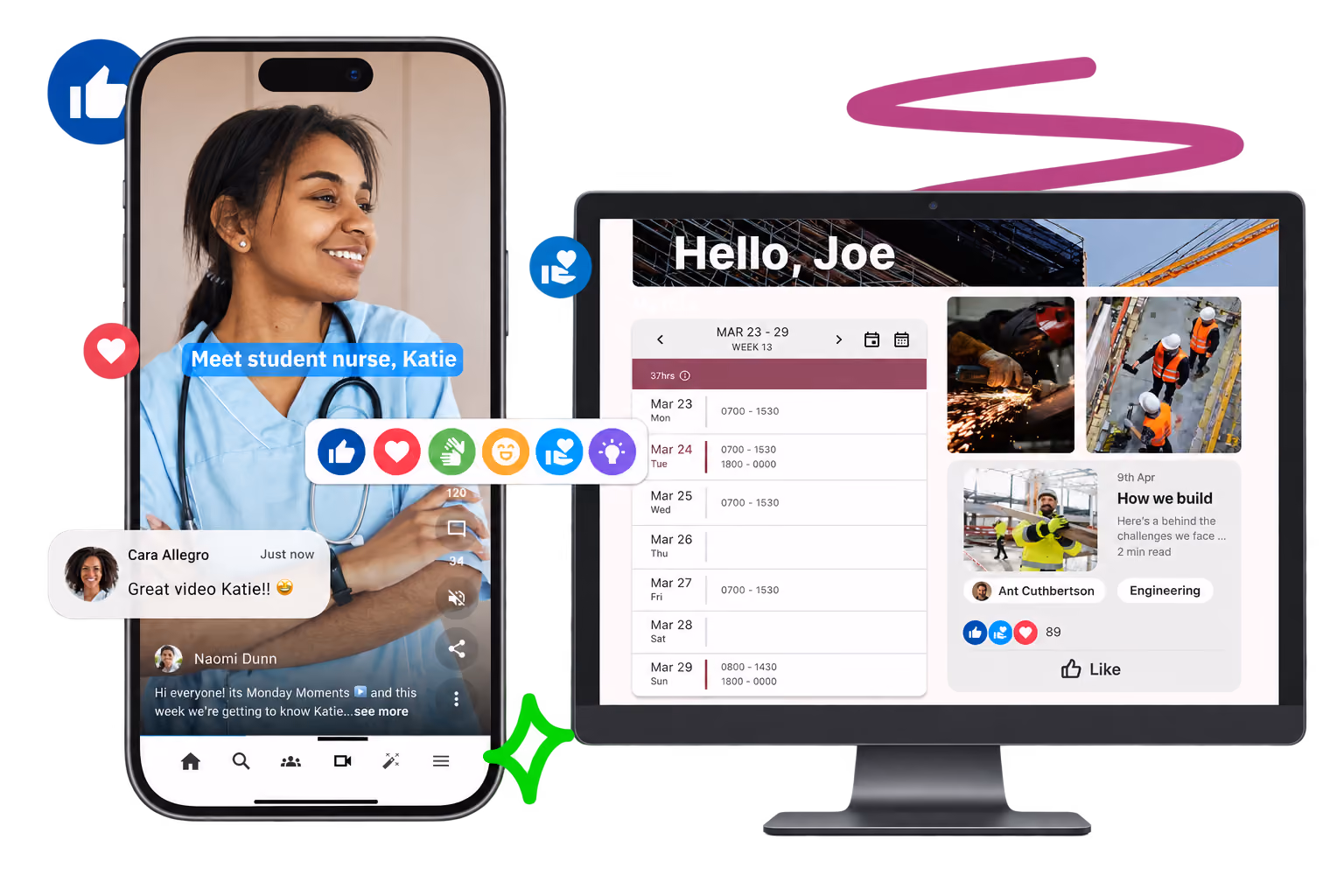 Oak Engage intranet platform shown on mobile and desktop devices