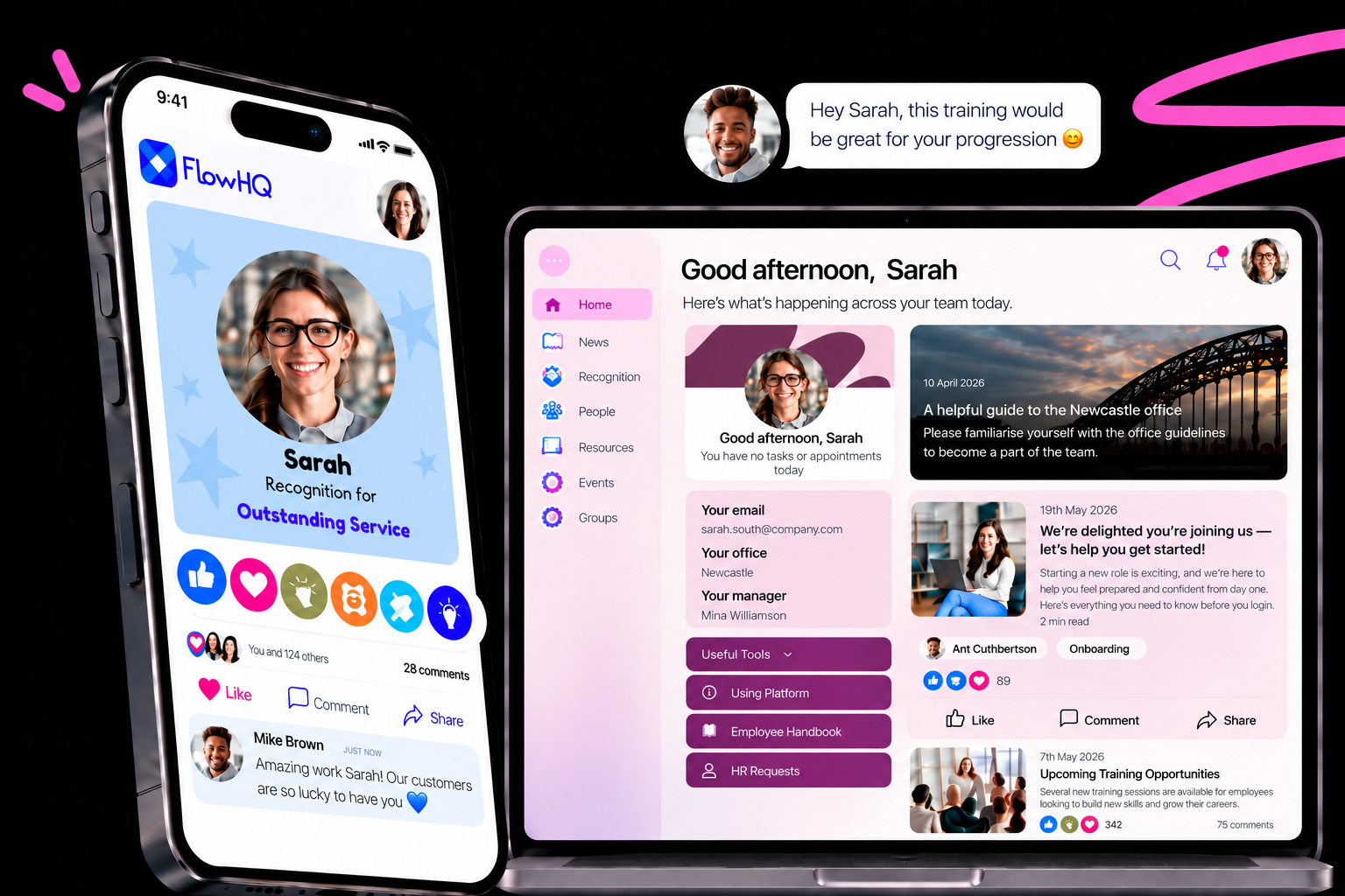 Oak Engage intranet platform shown on mobile and desktop devices