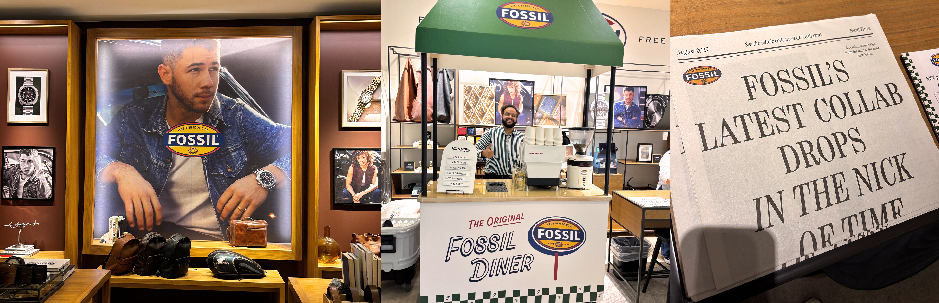 Custom Fossil-branded coffee cart