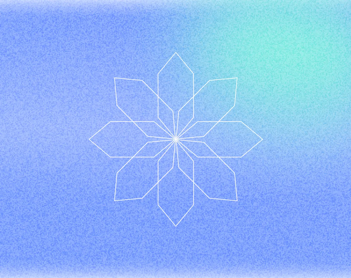 Abstract white geometric eight-petal star on grainy blue and green gradient background.