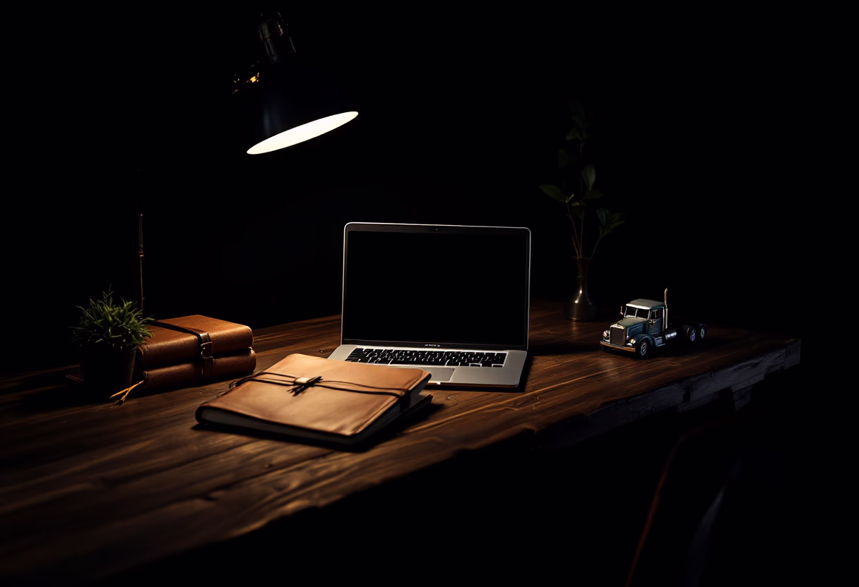 [background image] image of desk with a laptop (for a trucking company)