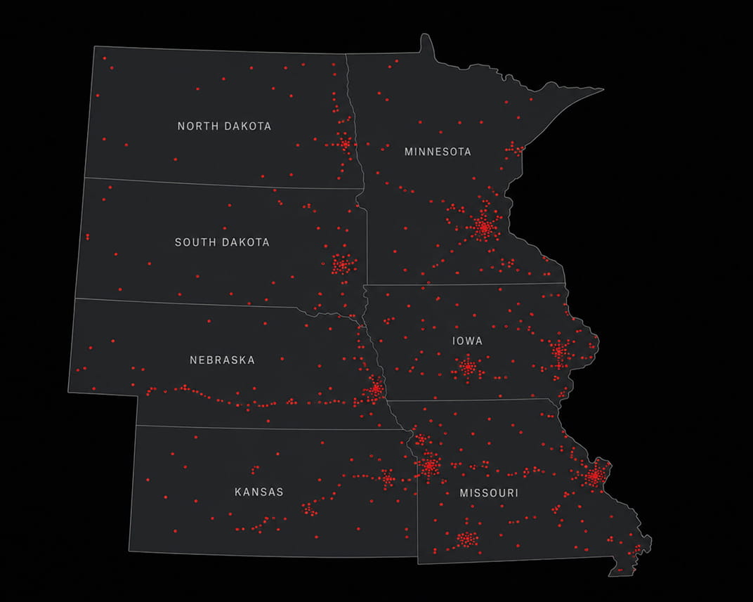 Proprietary data map plotting mobile home park locations across Nebraska, Iowa, South Dakota, Kansas, Missouri, Minnesota, and North Dakota