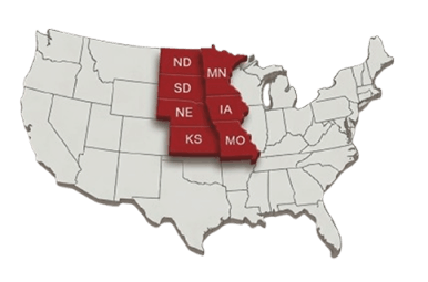 Mid-Plains Land & Realty regional market coverage map highlighting Nebraska, Iowa, South Dakota, Kansas, Missouri, Minnesota, and North Dakota