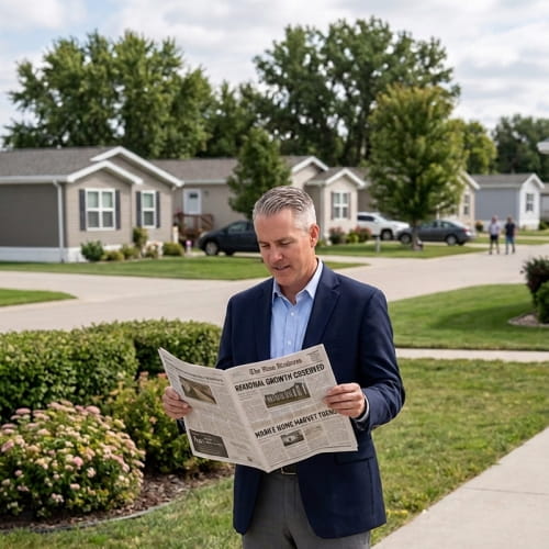 Mid-Plains Land & Realty broker reviewing mobile home park market insights in front of a community in the Midwest