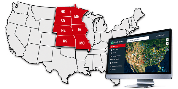 Mid-Plains Land & Realty's seven-state Midwest mobile home park market coverage alongside its proprietary Park Sites mapping and market intelligence platform.
