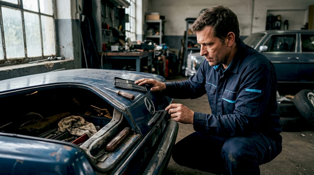 Die Hände beim Öffnen eines Autoschlosses mit mechanischen Werkzeugen im Einsatz