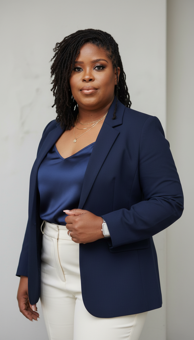 Confident woman with dreadlocks in navy blazer, blue satin top, and white pants posing indoors.